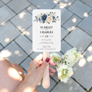 Dusty Blue Navy & Ivory Rose Wedding Program Hand Fan