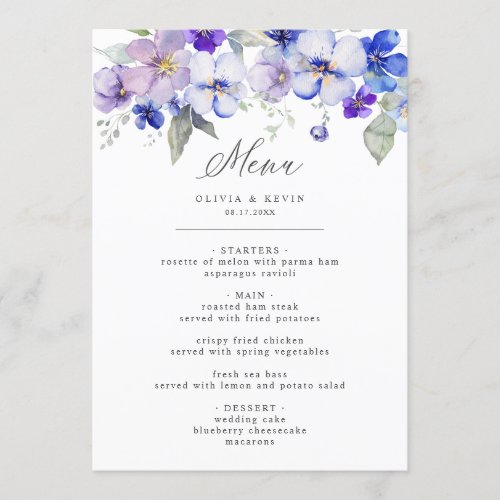 Dusty Blue Navy Lavender Lilac Floral Wedding Menu