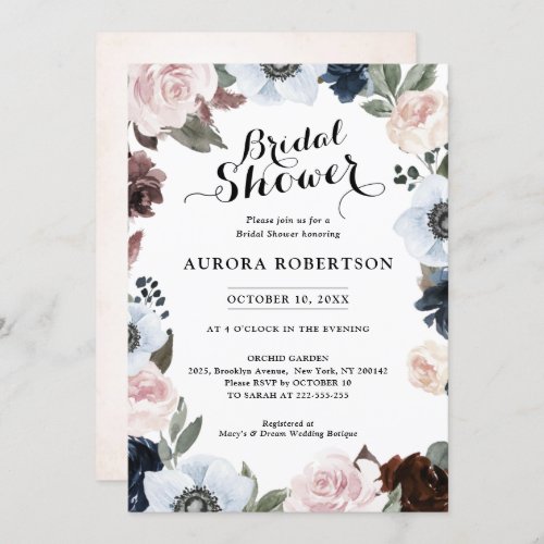Dusty blue navy mauve and blush pink Bridal Shower Invitation
