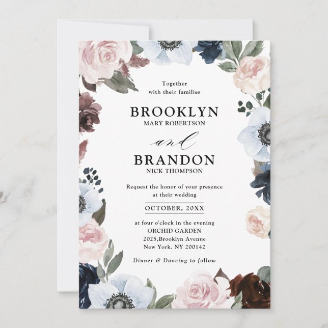 Dusty blue navy mauve and blush pink Wedding Invitation (Front)