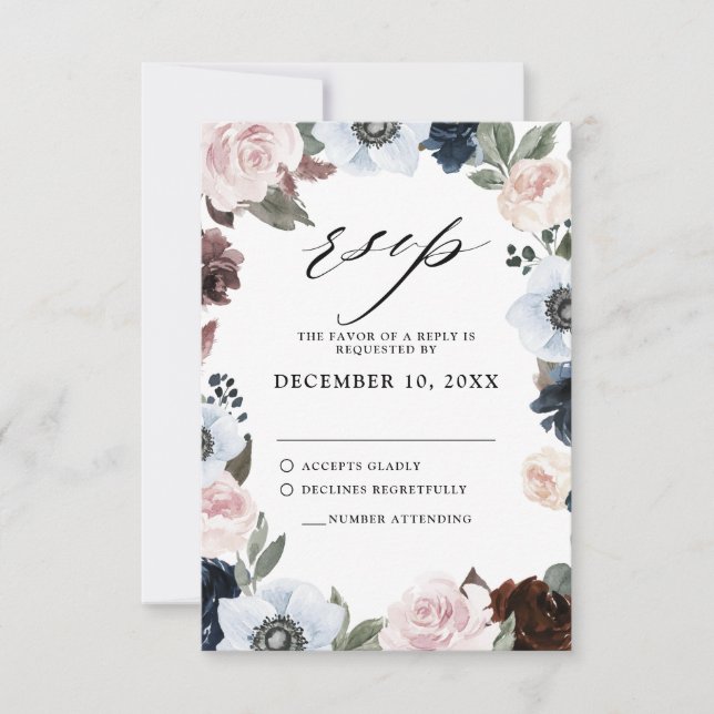 Dusty blue navy mauve and blush pink Wedding RSVP Card (Front)
