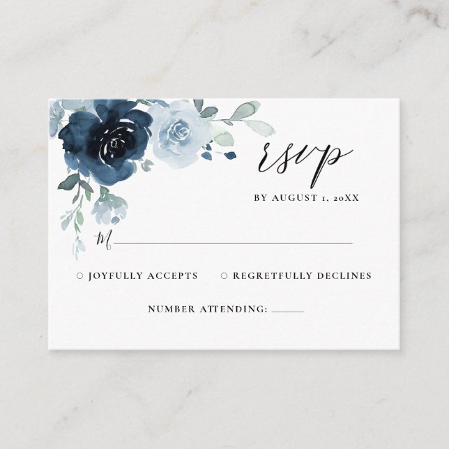 Dusty Blue Navy Pastel Boho Floral Wedding RSVP Enclosure Card (Front)
