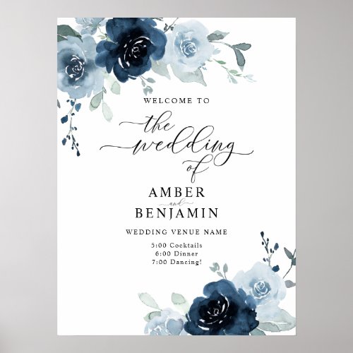 Dusty Blue Navy Pastel Boho Floral Wedding Welcome Poster