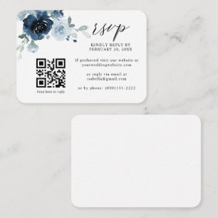 Dusty Blue Navy Pastel Floral QR Code Wedding RSVP Enclosure Card
