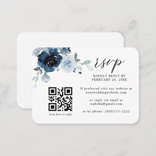 Dusty Blue Navy Pastel Floral QR Code Wedding RSVP Enclosure Card