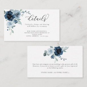 Dusty Blue Navy Pastel Floral Wedding Details Enclosure Card