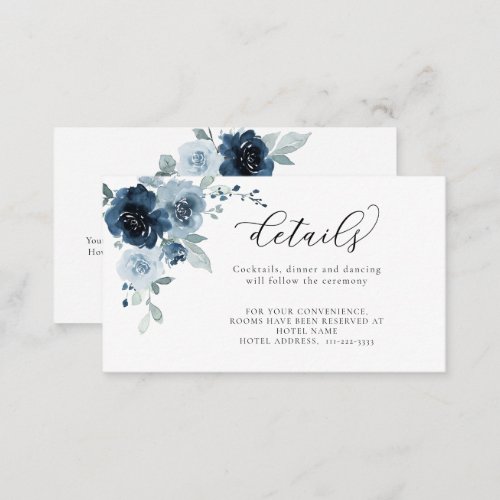 Dusty Blue Navy Pastel Floral Wedding Details Enclosure Card