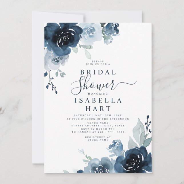 Dusty Blue Navy Pastel Slate Floral Bridal Shower Invitation (Front)