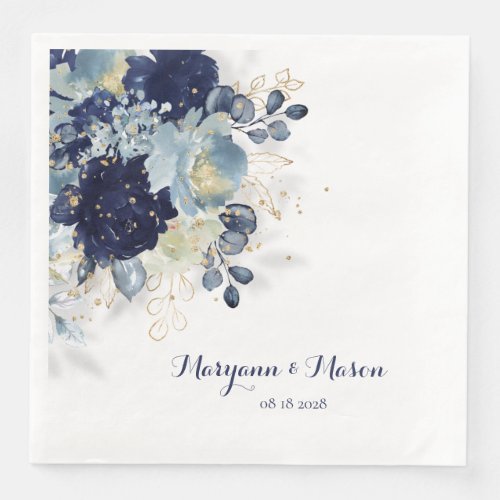 Dusty Blue Navy Peony  Eucalyptus Gold Floral Paper Dinner Napkins