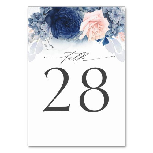 Dusty Blue Navy Pink Wedding Table Number Card