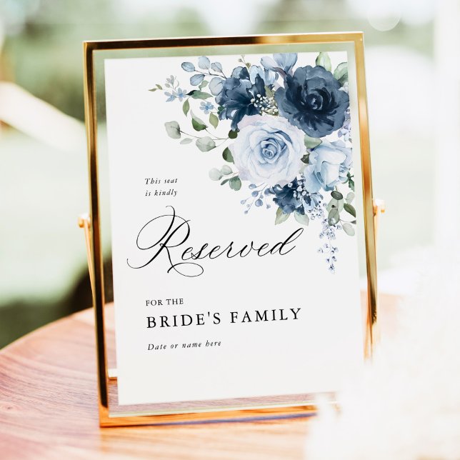 Dusty Blue & Navy Reserved Sign 5x7 Wedding Decor (Dusty blue floral reserved sign 5x7 wedding decor gold frame ceremony seating sign outdoor display)