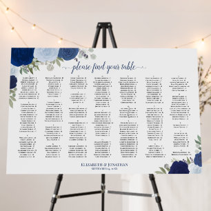 Dusty Blue & Navy Roses Alphabetical Seating Chart Foam Board