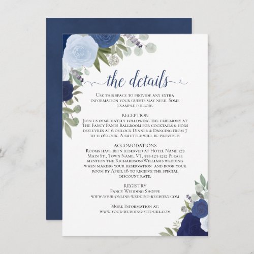 Dusty Blue  Navy Roses Rustic Wedding Details Enclosure Card