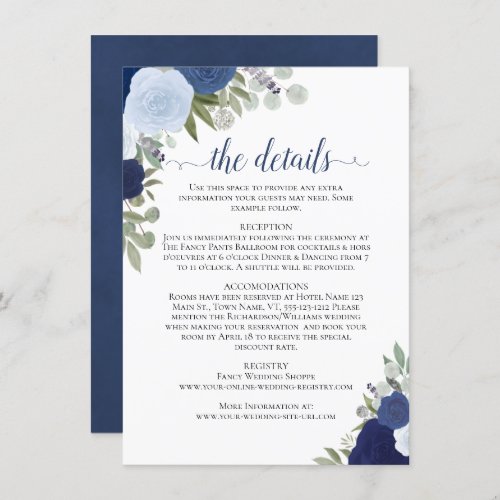 Dusty Blue  Navy Roses Rustic Wedding Details Enclosure Card