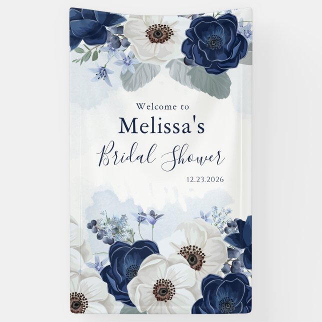 Dusty Blue Navy Script Floral Bridal Shower Banner (Vertical)
