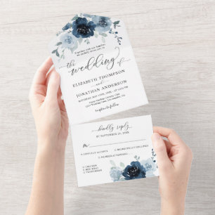 Dusty Blue Navy Slate Floral Wedding Details RSVP All In One Invitation