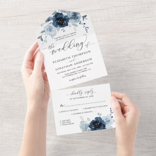 Dusty Blue Navy Slate Floral Wedding Details RSVP  All In One Invitation