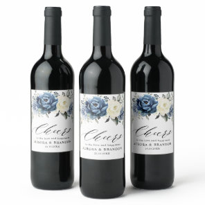 Dusty Blue Navy Sparkling Wine Ivory Floral Weddin Label
