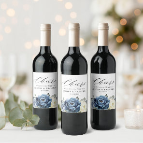 Dusty Blue Navy Sparkling Wine Ivory Floral Weddin Label