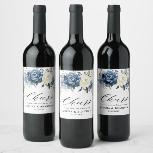 Dusty Blue Navy Sparkling Wine Ivory Floral Weddin Wine Label