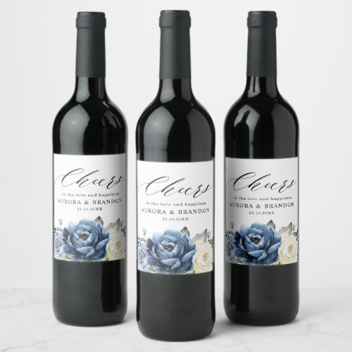 Dusty Blue Navy Sparkling Wine Ivory Floral Weddin Wine Label