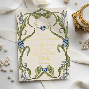 Dusty Blue Navy Vintage Art Nouveau Floral Wedding Foil Invitation