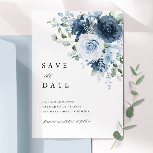 Dusty Blue Navy Watercolor Floral Elegant Save The Date