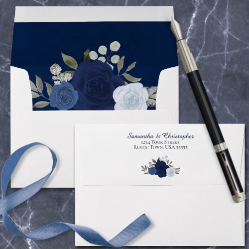 Dusty Blue Navy Watercolor Floral Elegant Wedding Envelope