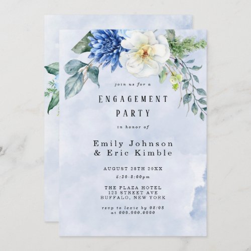 Dusty Blue Navy Watercolor Floral Engagement Party Invitation
