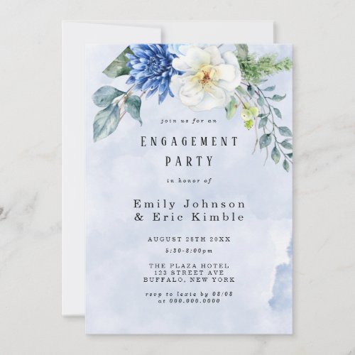 Dusty Blue Navy Watercolor Floral Engagement Party Invitation