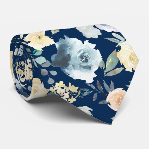 Dusty Blue Navy Watercolor Floral Roses Neck Tie