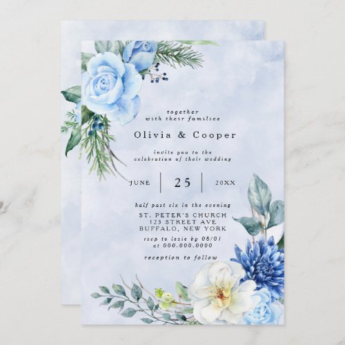 Dusty Blue Navy Watercolor Floral Wedding Invitation