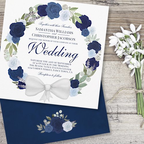 Dusty Blue  Navy Watercolor Floral Wreath Wedding Invitation
