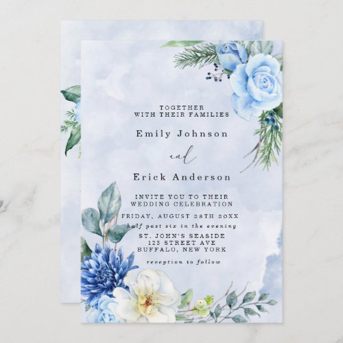 Dusty Blue Navy Watercolor Peonies Wedding Invitation