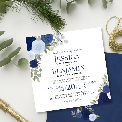 Dusty Blue  Navy Watercolor Roses Elegant Wedding Invitation