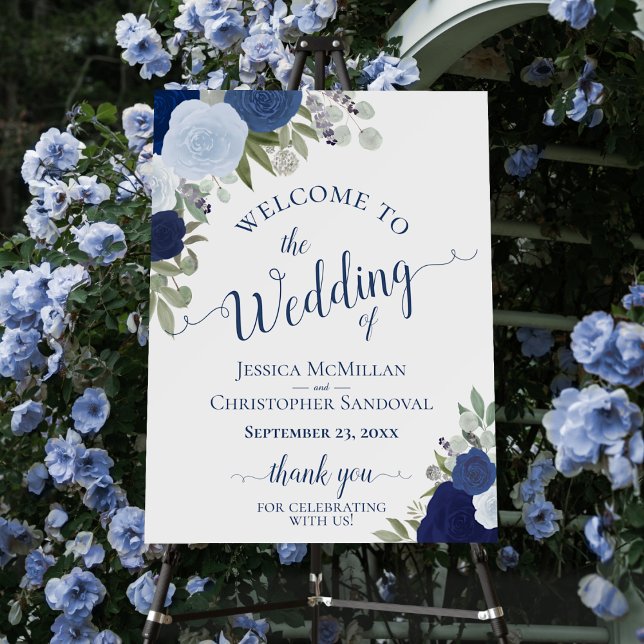 Dusty Blue & Navy Watercolor Roses Wedding Welcome Foam Board (In Situ on Stand with Flowers)