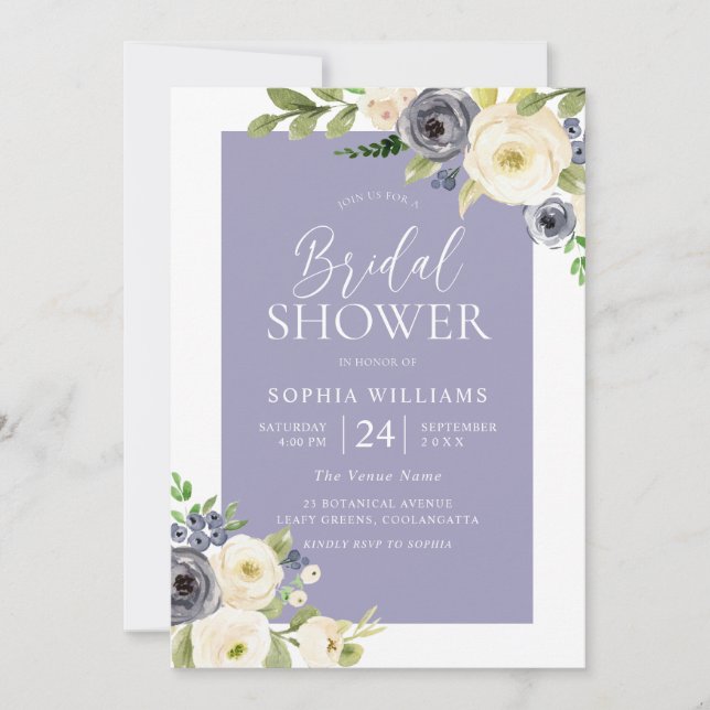 Dusty Blue Navy & White Floral Bridal Shower Invitation (Front)