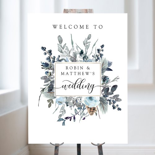 Dusty Blue Navy White Floral Wedding Welcome Sign