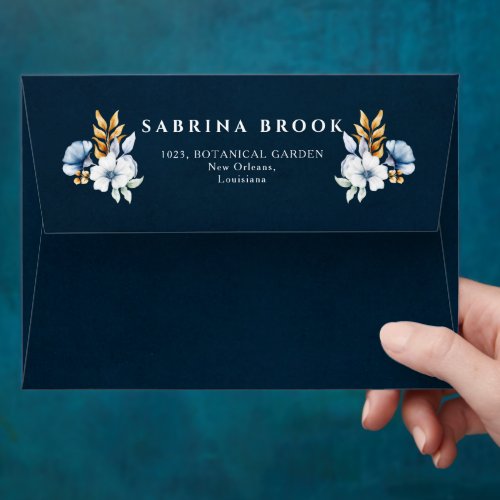 Dusty Blue Navy White Gold Floral Wedding  Envelope