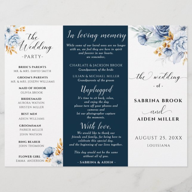Dusty Blue Navy White Gold Floral Wedding Program (Front)