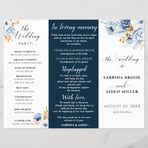 Dusty Blue Navy White Gold Floral Wedding Program