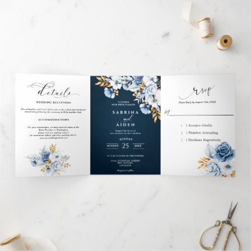 Dusty Blue Navy White Gold Floral Wedding  Tri_Fold Announcement