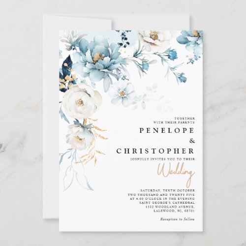 Dusty Blue Navy White Ivory Gold Floral Wedding In Invitation