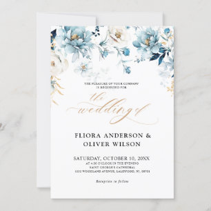 Dusty Blue Navy White Ivory Gold Floral Wedding In Invitation