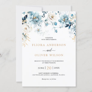 Dusty Blue Navy White Ivory Gold Floral Wedding Invitation