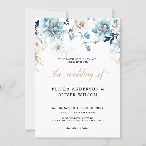 Dusty Blue Navy White Ivory Gold Floral Wedding Invitation