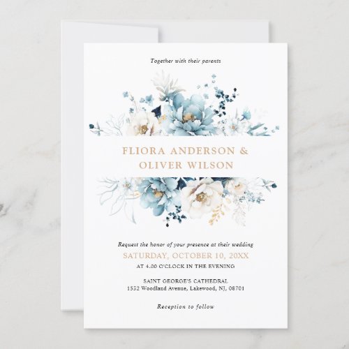Dusty Blue Navy White Ivory Gold Floral Wedding Invitation
