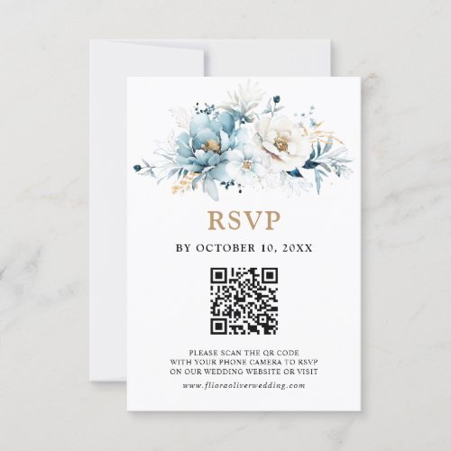Dusty Blue Navy White Ivory Gold Floral Wedding RS RSVP Card