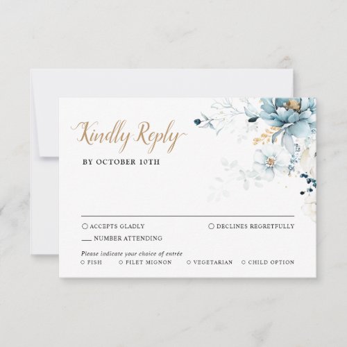 Dusty Blue Navy White Ivory Gold Floral Wedding RS RSVP Card