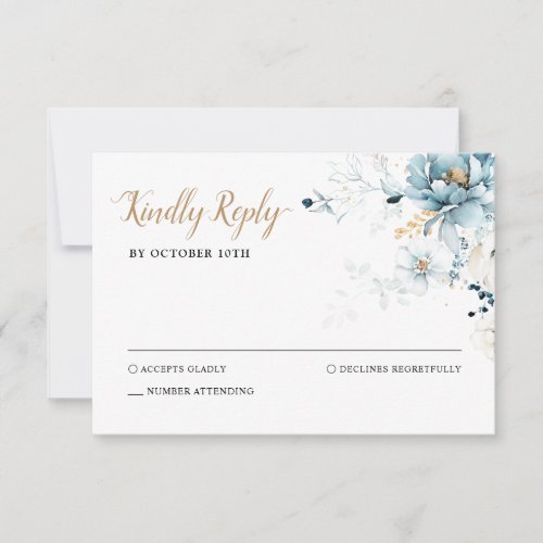 Dusty Blue Navy White Ivory Gold Floral Wedding RSVP Card